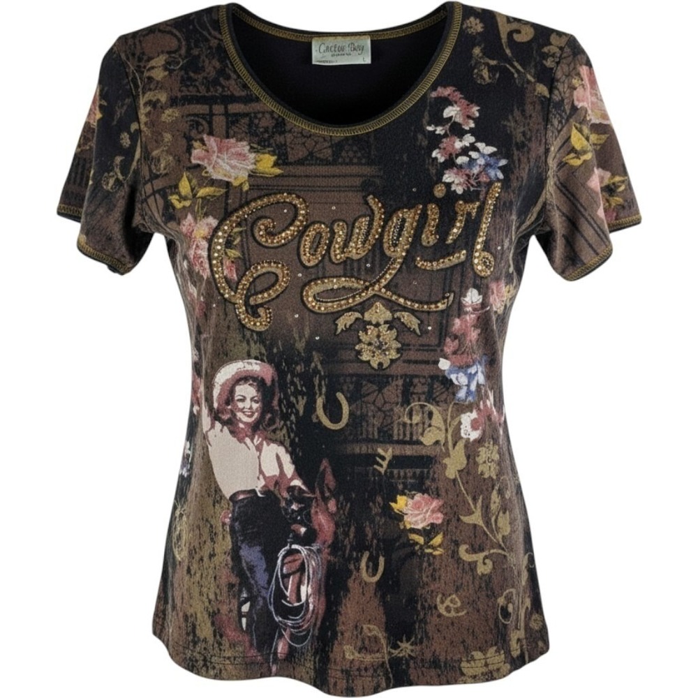 Cactus Bay Apparel T-Shirt Women Large Black Cowgirl Rhinestone Western Graphic